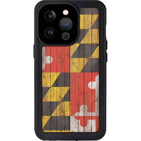 Maryland Flag Dark Wood iPhone 15 Pro Waterproof Case